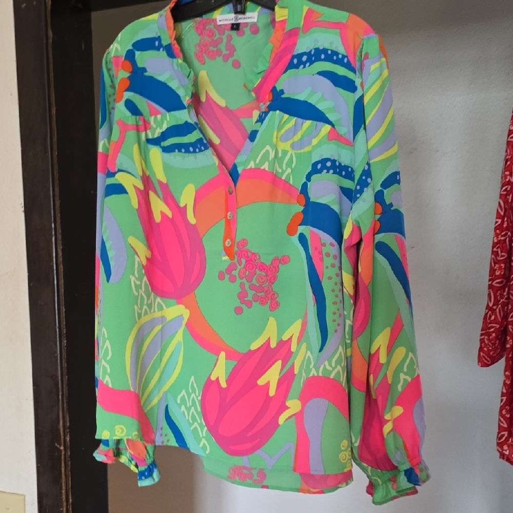 Colorful Floral V-Neck Blouse - Green/Pink
